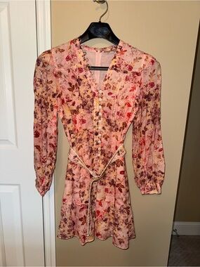Anna Cate Pink Floral Long-Sleeve Mini Dress with Raffia Belt